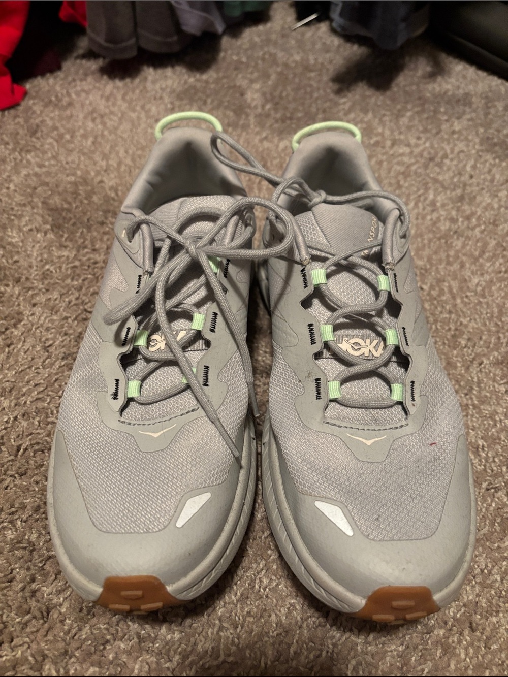 Hoka Women’s Light Gray Athletic Running Shoes with Subtle Lime Accents - Picture 2 of 8